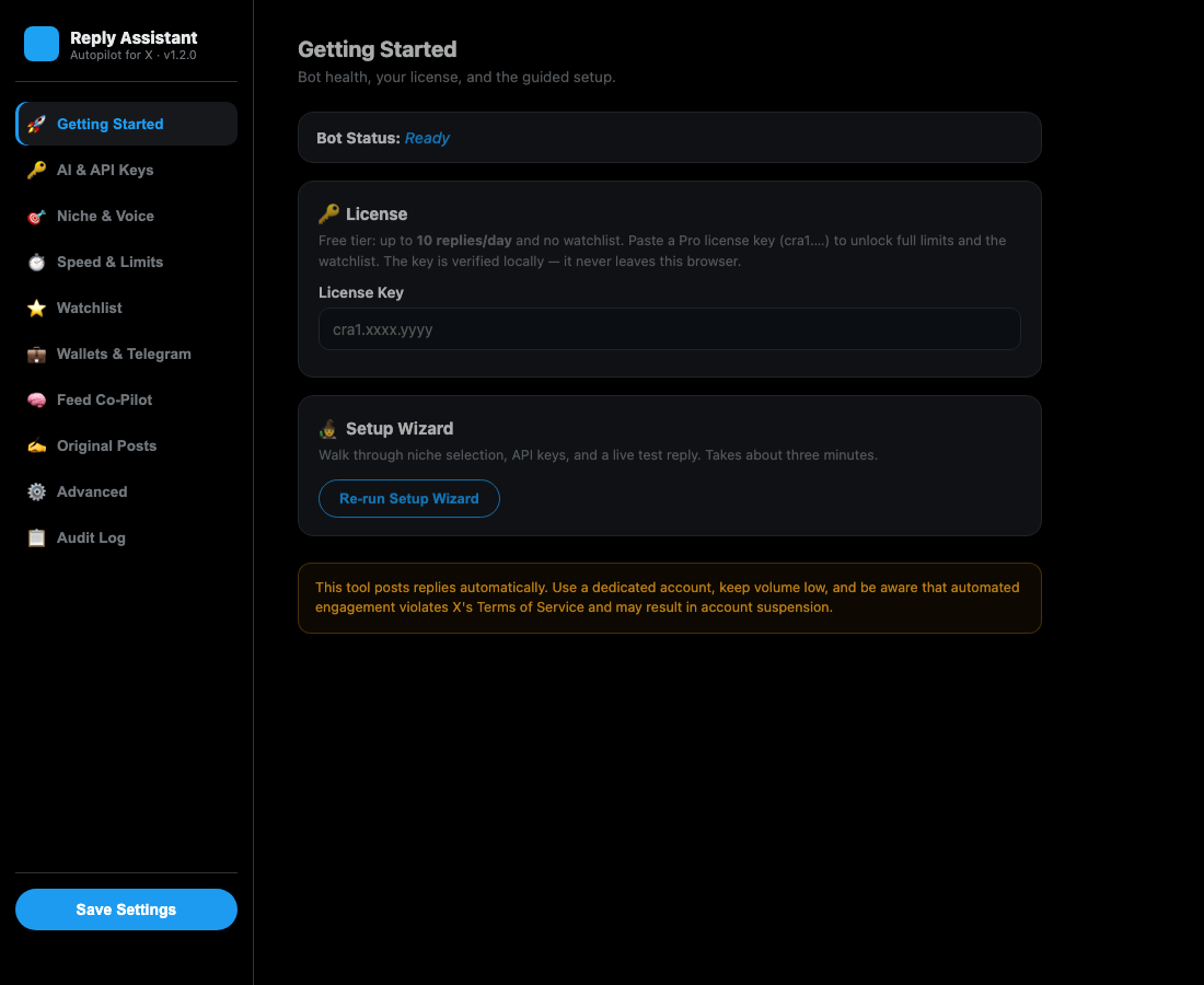 Reply Assistant settings dashboard